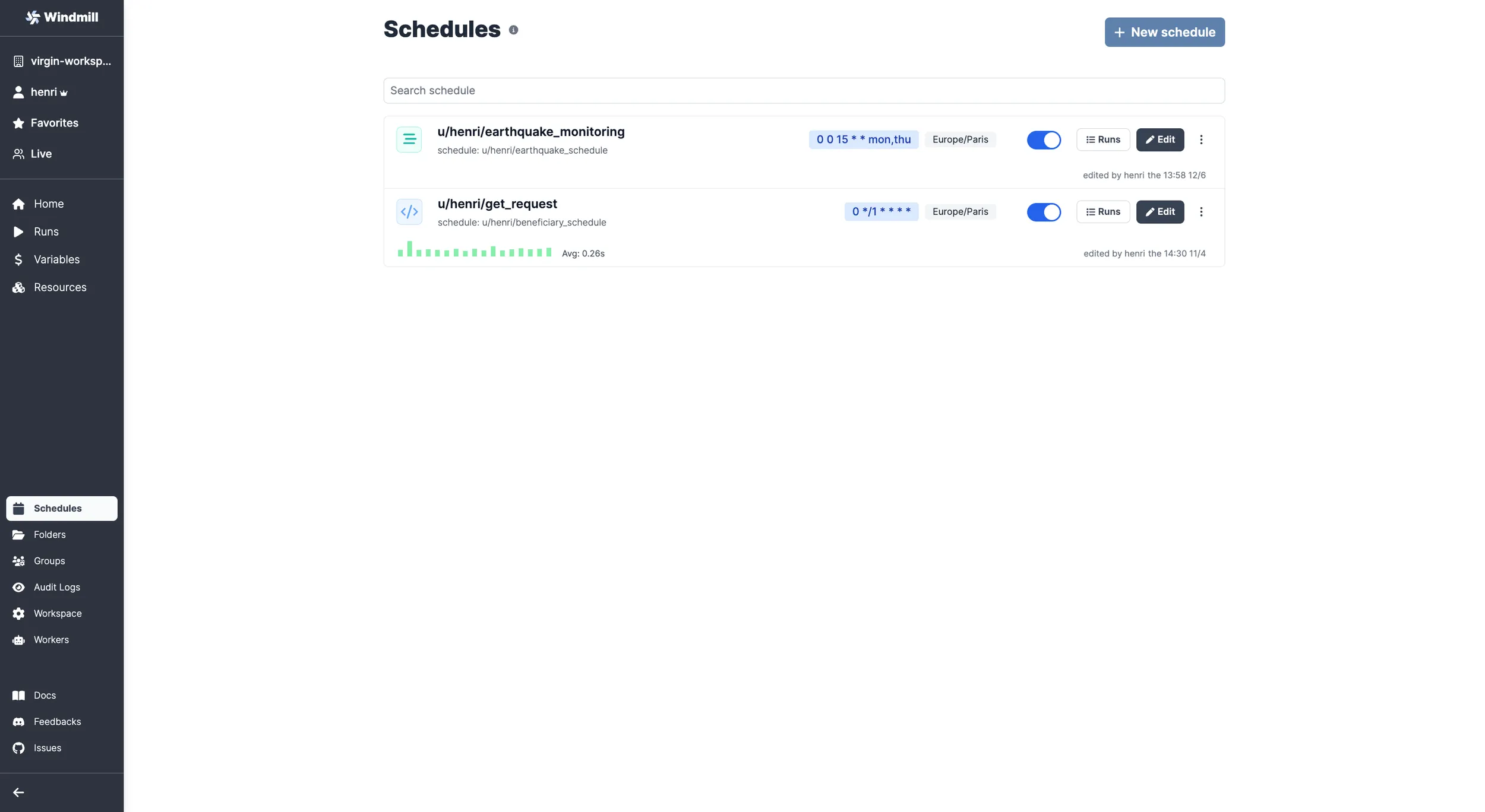 Schedules menu Schedules menu
